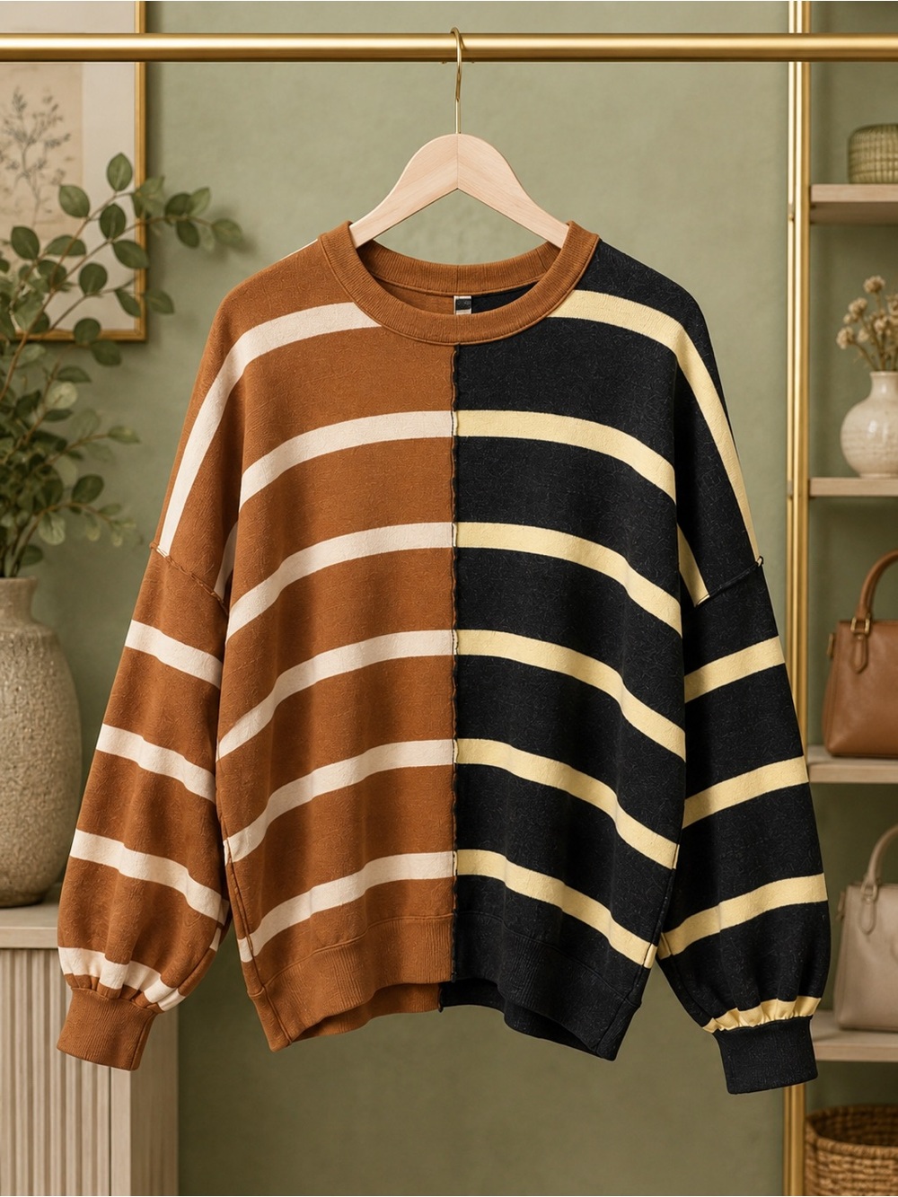 Cherry Cloth Two-Toned Striped Oversized Sweater S/M Brown Black Colorblock